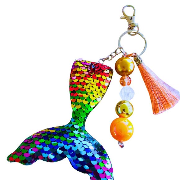 Plush Rainbow Sequin Mermaid Tail Keychain, Silk Tassel, Bead, Backpack Charm - Picture 1 of 1